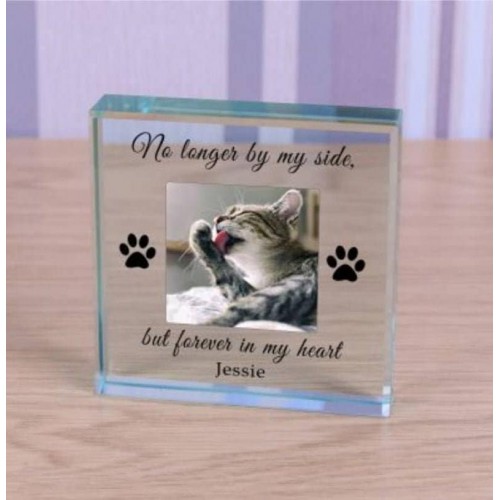 Cat Memorial, Personalised Photo Engraved Glass Block Paperweight, Cat Lover Gift, Pet Memorial, Paw Prints, Glass Cat Photo Block Remember