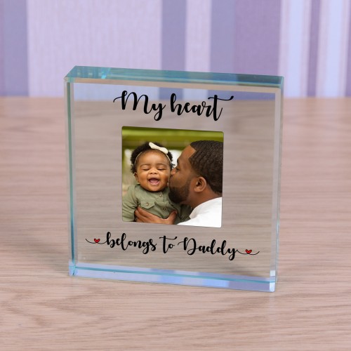 Personalised My Heart Belongs To Daddy Glass Token Photo Engraved Glass Block Paperweight Gift Glass Block Daddy Birthday Christmas Present
