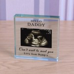 Personalised Gift Hello.. Cant wait to meet you Glass Token Photo Engraved Glass Block Paperweight Gift Glass Block Daddy Mum Newborn Baby Scan