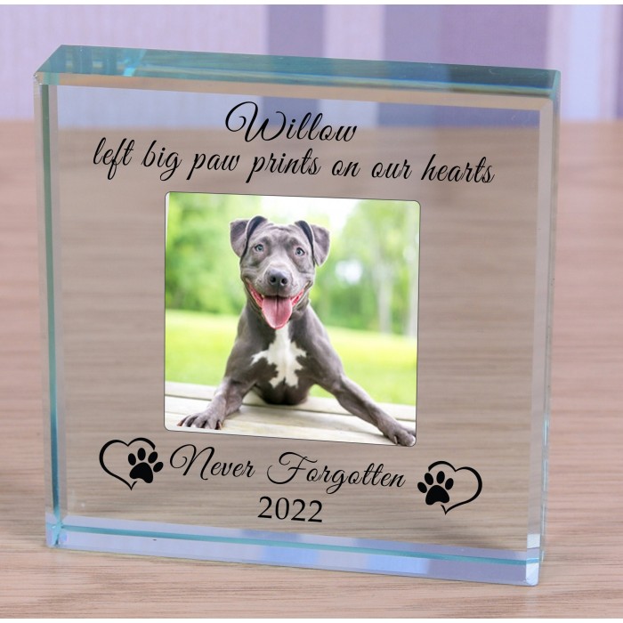 Dog Memorial Never Forgotten Personalised Photo Engraved Glass Block  Paperweight Dog Lovers Gift Pet Memorial Paw Prints Glass Dog Photo Rip