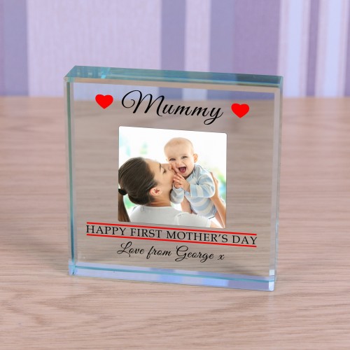 Personalised Mothers Day Gift "Happy First Mother's Day" Glass Token Gift For Mum on Mothers Day Gift For Mummy or Mother Paperweight