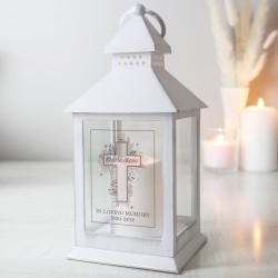 Personalised Floral Cross White Lantern, Beautiful Grave Marker, Memorial gift, In Memory, Candle, Remembrance, White Lantern, Lamp