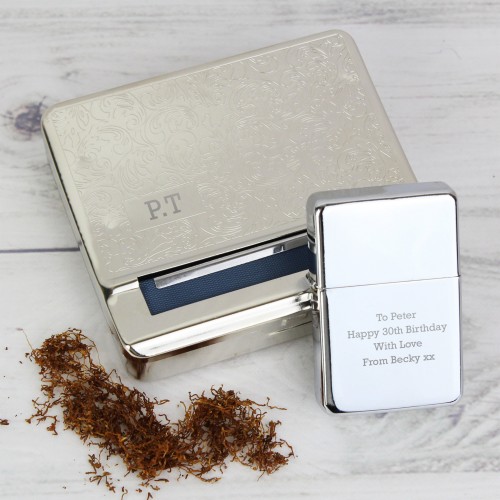 Personalised Tobacco Rolling Tin and Silver Lighter Set Gift Set Smoking