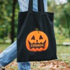 Personalised Pumpkin Halloween Treats Black Cotton Bag, Halloween Trick or Treat, Halloween Tote Bag, Shopping Bag, Tote Bag