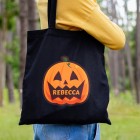 Personalised Pumpkin Halloween Treats Black Cotton Bag, Halloween Trick or Treat, Halloween Tote Bag, Shopping Bag, Tote Bag