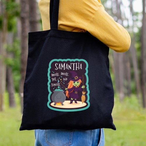 Personalised Toil & Trouble Halloween Treats Black Cotton Bag, Halloween Trick or Treat, Halloween Tote Bag, Shopping Bag, Tote Bag