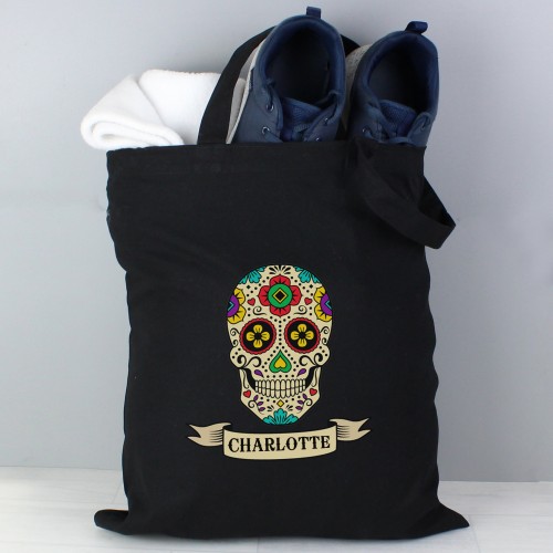 Personalised Sugar Skull Treats Black Cotton Bag, Halloween Trick or Treat, Halloween Tote Bag, Shopping Bag, Tote Bag, Skull Bag
