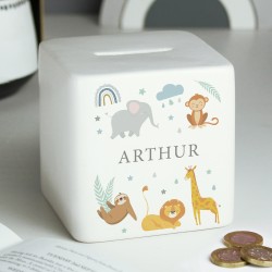 Personalised Square Moneybox Safari Animals Ceramic - 1st Birthday Gift - Christmas Gift For Girls or Boys - Christmas Stocking Filler