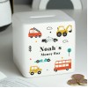 Personalised Square Moneybox Vehicles Ceramic - 1st Birthday Gift - Christmas Gift For Girls Boys - Christmas Stocking Filler - Cars