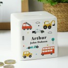 Personalised Square Moneybox Vehicles Ceramic - 1st Birthday Gift - Christmas Gift For Girls Boys - Christmas Stocking Filler - Cars