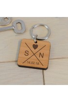Personalised Wooden Square Keyring Initials & Date, Valentines Day Gift, Anniversary Gift, Gift For Husband, Gift For Wife, Boyfriend
