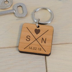 Personalised Wooden Square Keyring Initials & Date, Valentines Day Gift, Anniversary Gift, Gift For Husband, Gift For Wife, Boyfriend