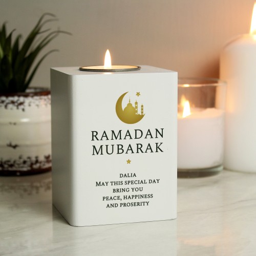 Personalised Eid and Ramadan Islamic White Wooden Tea light Holder