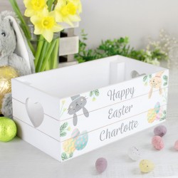 Personalised Easter Gift Box Easter Bunny White Wooden Crate Treat Box Colourful