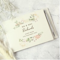 Personalised Floral Watercolour Hardback Guest Book & Pen, Wedding Guest Book