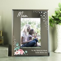 Personalised Floral 6x4 Diamante Glass Photo Frame, Customised Any NAME Photo Frame, Photo Gift For Mum, Mothers Day Gift, 4x6 Photo Frame