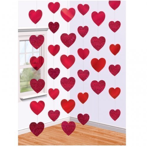 Valentines Day Red Hearts Hanging String Decorations x 6