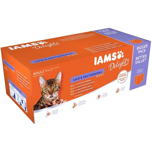 IAMS Delights Wet Food Land and Sea Collection for Adult Cats with Meat and Fish in Jelly, 48 x 85 g IAMS Delights Wet Food Land and Sea Collection for Adult Cats with Meat and Fish in Jelly, 48 x 85 g