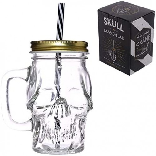 Skull Design Drinking Glass Jar with Reusable Straw and Metal Lid - Clear
