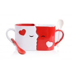 Kissing Mugs Set, Exquisitely Crafted Large Red & White Cups & Matching Spoons for Couples, Him and Her for Valentines Day, Wedding, Anniversary, Birthday, Christmas, Mr & Mrs Home Decor by Blu Devil