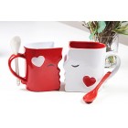 Kissing Mugs Set, Exquisitely Crafted Large Red & White Cups & Matching Spoons for Couples, Him and Her for Valentines Day, Wedding, Anniversary, Birthday, Christmas, Mr & Mrs Home Decor by Blu Devil