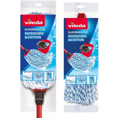 Vileda SuperMocio Microfibre and Cotton Mop with Extra Refill, Red
