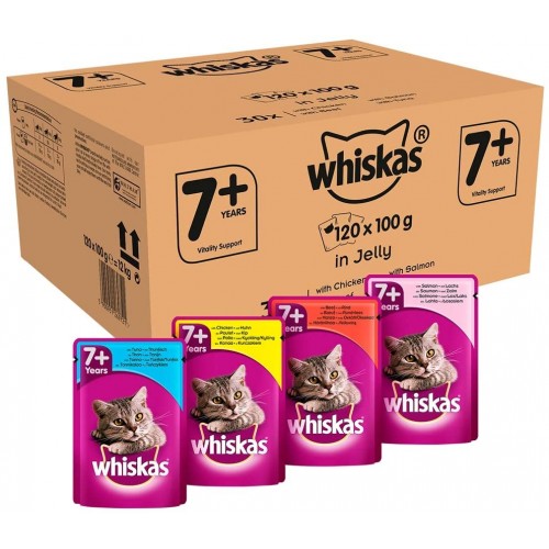 Whiskas 7+ Senior Wet Cat Food Pouches with Chicken, Salmon, Beef and Tuna, Selection in Jelly, 100 g (Pack of 120)