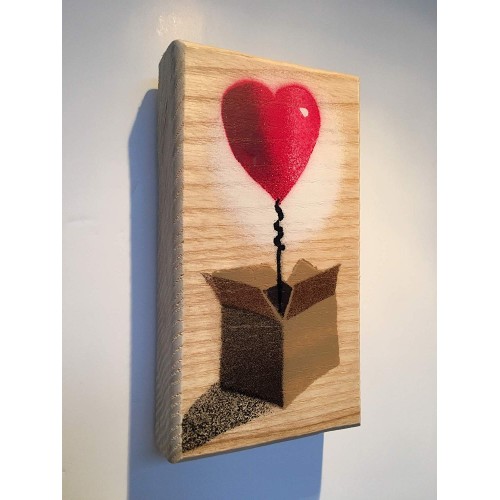 Heart Balloon in Box Art painting Stencil Spray painted Handmade picture on Wood 8 x 14cm