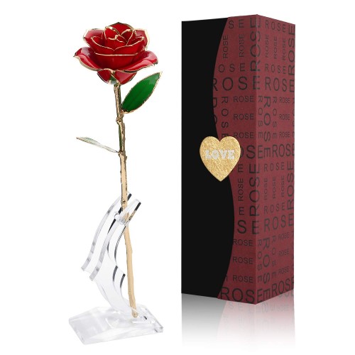 24K Gold Rose Flower/Gold Foil Artificial Forever Rose with Transparent Stand & Gift Box,Best Romantic Present Ideal for Her on Valentines Day, Mothers Day, Anniversary, Birthday ,Christmas,Decoration
