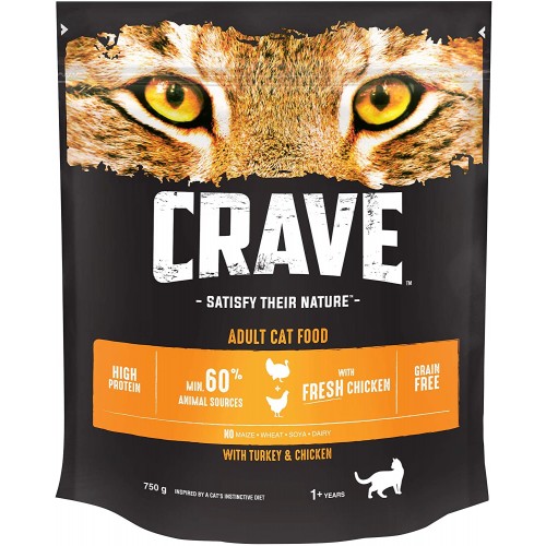 Crave Dry Cat Food - High Protein & Grain-Free Cat Food with Turkey & Chicken, 750 g (Pack of 3)