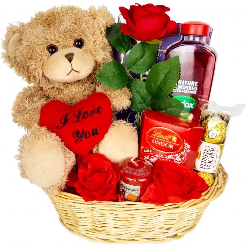 Valentines Day Hamper Gift Basket Chocolate Gift for Her , Girlfriend, Women, Wife Rose Teddy Bear Lindor Truffles Ferrero Rocher Milk Tray Yankee Candle Radox