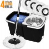 EVELYN LIVING 360 Spin Mop Bucket Set Stainless Steel Spin Wringer with 4 Microfibre Mop Head Pad Easy Press Handle Floor Cleaning