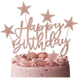 2 Sets Cake Decoration Rose Gold Cake Topper Happy Birthday Banner Confetti Balloon Stars Heart Cake Topper for Women Girls Rose Gold Theme Birthday Party Decor Hen Party Champagne gold