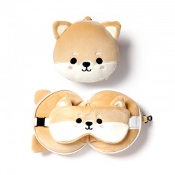 Relaxeazzz Shiba Inu Dog Shaped Round Travel Pillow and Eye Mask for Sleeping with Quick Release,Plushie,Sleeping Mask for Airplane,Flight Pillow for Kids Adults,Cute Sleeping Mask