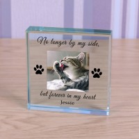 Cat Memorial, Personalised Photo Engraved Glass Block Paperweight, Cat Lover Gift, Pet Memorial, Paw Prints, Glass Cat Photo Block Remember