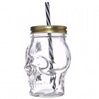 Skull Design Drinking Glass Jar with Reusable Straw and Metal Lid - Clear