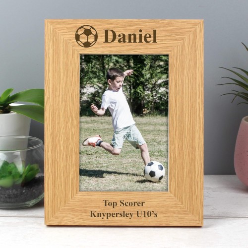 Personalised Football Photo Frame – Oak Finish 6x4 Football Gift