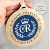 Personalised King Charles III Blue Crest Coronation Commemorative Round Wooden Decoration