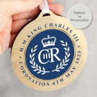 Personalised King Charles III Blue Crest Coronation Commemorative Round Wooden Decoration