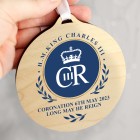 Personalised King Charles III Blue Crest Coronation Commemorative Round Wooden Decoration