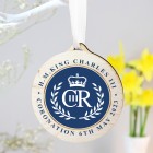 Personalised King Charles III Blue Crest Coronation Commemorative Round Wooden Decoration