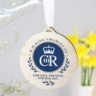 Personalised King Charles III Blue Crest Coronation Commemorative Round Wooden Decoration