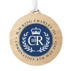 Personalised King Charles III Blue Crest Coronation Commemorative Round Wooden Decoration