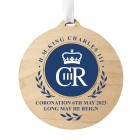 Personalised King Charles III Blue Crest Coronation Commemorative Round Wooden Decoration