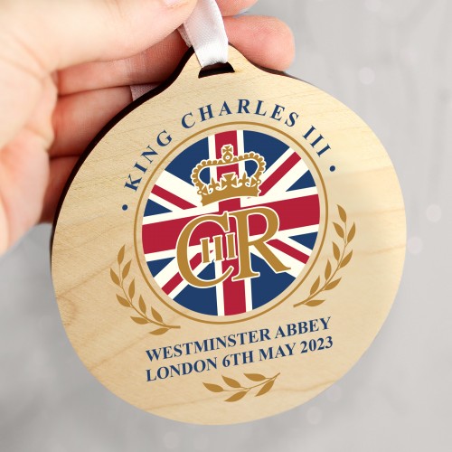 Personalised King Charles III Union Jack Coronation Commemorative Round Wooden Decoration