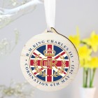 Personalised King Charles III Union Jack Coronation Commemorative Round Wooden Decoration