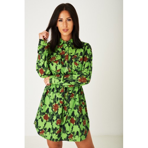 Stylish Floral Print Shirt Dress in Green
