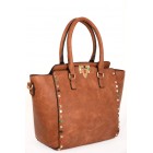 Faux Leather Studded Trapeze Bag in Brown
