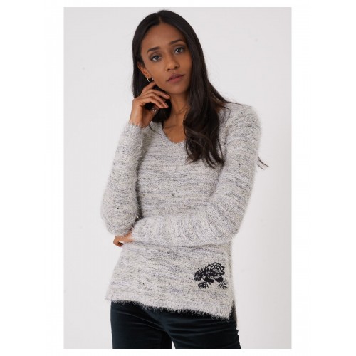 Fluffy Grey  Jumper with Embroidery Detail