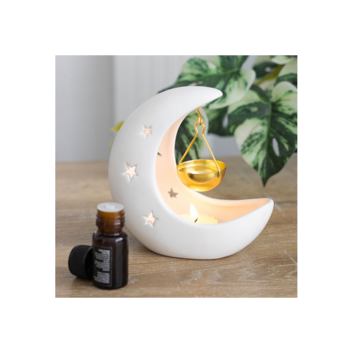 White Crescent Moon Oil Burner with Gold Dish White Crescent Moon Oil Burner with Gold Dish